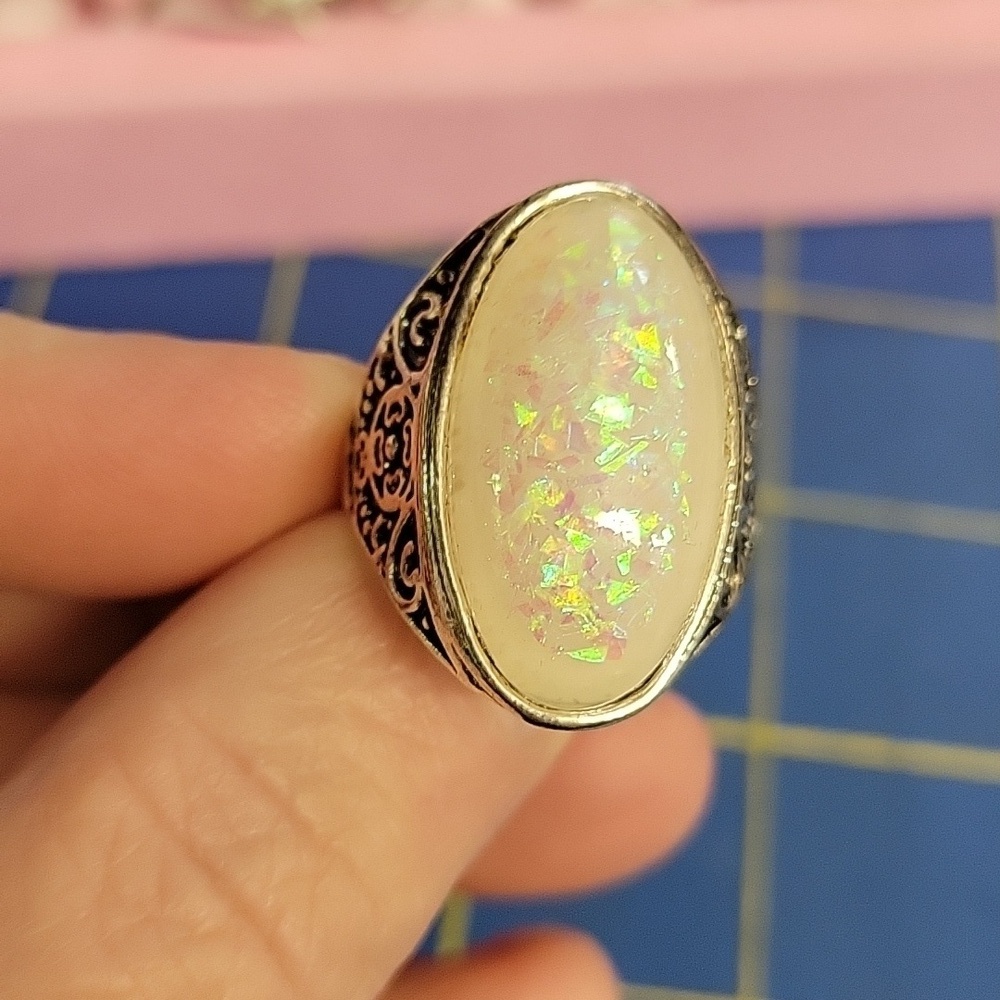 Opal Iridescent Silver Tone Ring Brand New